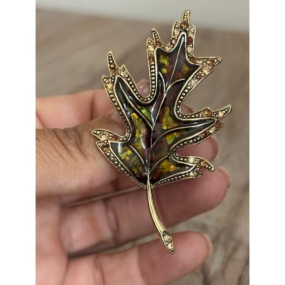 Vintage Signed Liz Claiborne Enamel Rhinestones Fall Autumn Leaf Pin Brooch - Picture 4 of 4